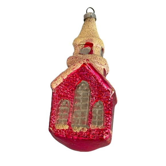 Vintage 3.75" West Germany Glass Church Ornament Red Mica Snow Steeple 1950 - Picture 2 of 8